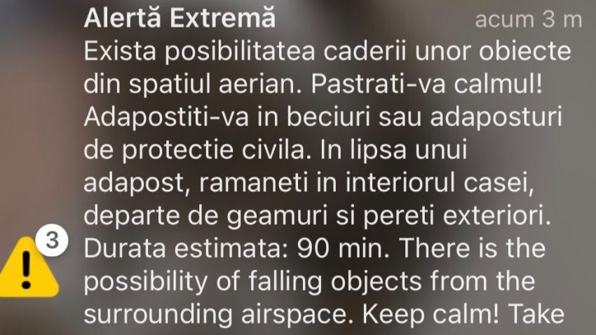 Al treilea mesaj RO-Alert din cauza dronelor în nordul județului Tulcea