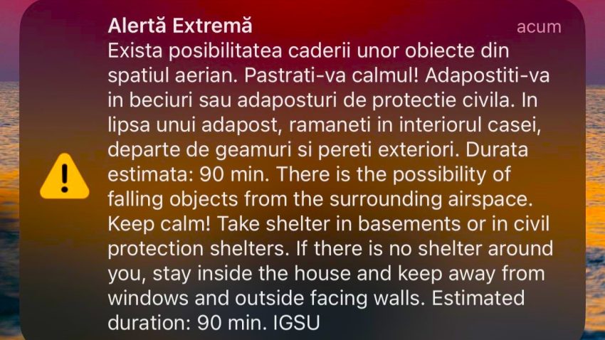 Mesaj RO Alert pentru zona nord-vest a județului TULCEA