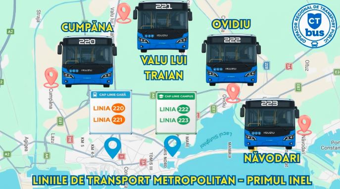 CT BUS – operator regional: 4 noi trasee metropolitane și tarife unice între Constanța, Cumpăna, Valu lui Traian, Ovidiu și Năvodari