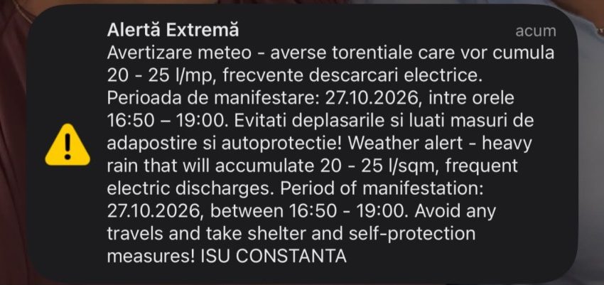 COD ROȘU de vreme severă la CONSTANȚA: Averse torențiale și cantități mari de apă! Un nou mesaj RO-ALERT